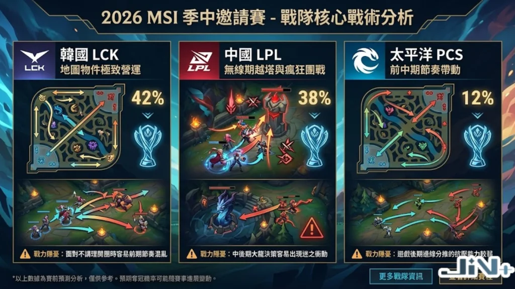 2026MSI季中邀請賽戰隊核心戰術與勝率分析表,對比韓國LCK、中國LPL與太平洋PCS賽區。
