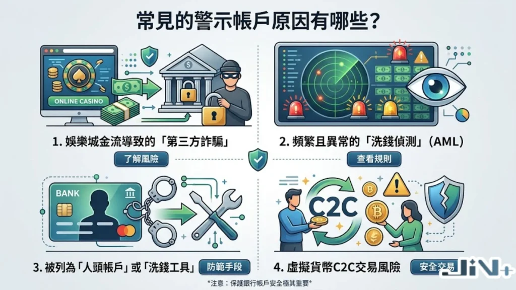 常見警示帳戶原因圖解,包含非法金流監測、第三方詐騙與衍生管制帳戶機制。