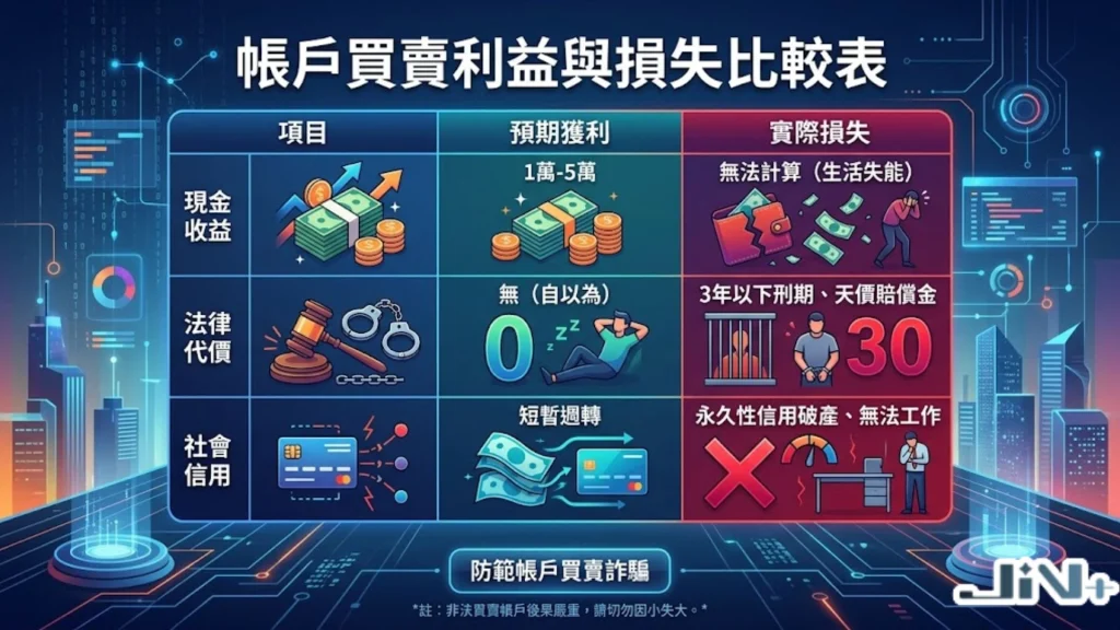 帳戶買賣利益與損失比較表，對比賣簿子小利與洗錢罪刑責、信用破產之巨大代價。