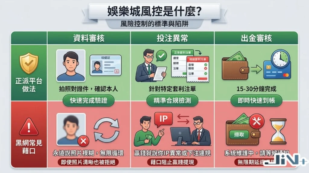風控是什麼？圖解娛樂城風控行為特徵，包含娛樂城身分驗證、投注真實性與出金規範。