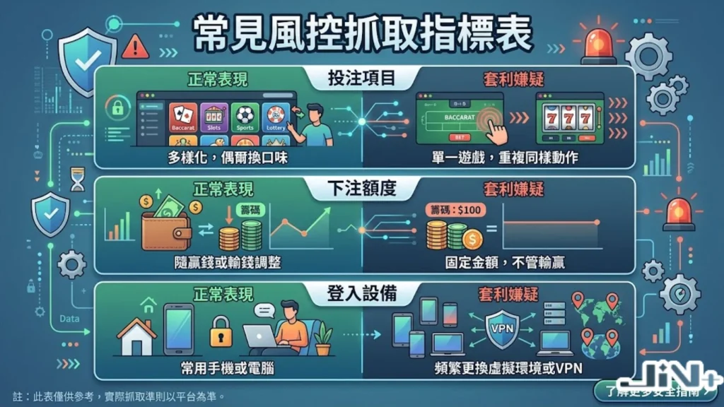 常見風控抓取指標表，包含娛樂城打水教學辨識、娛樂城套利程式監控與行為異常分析。