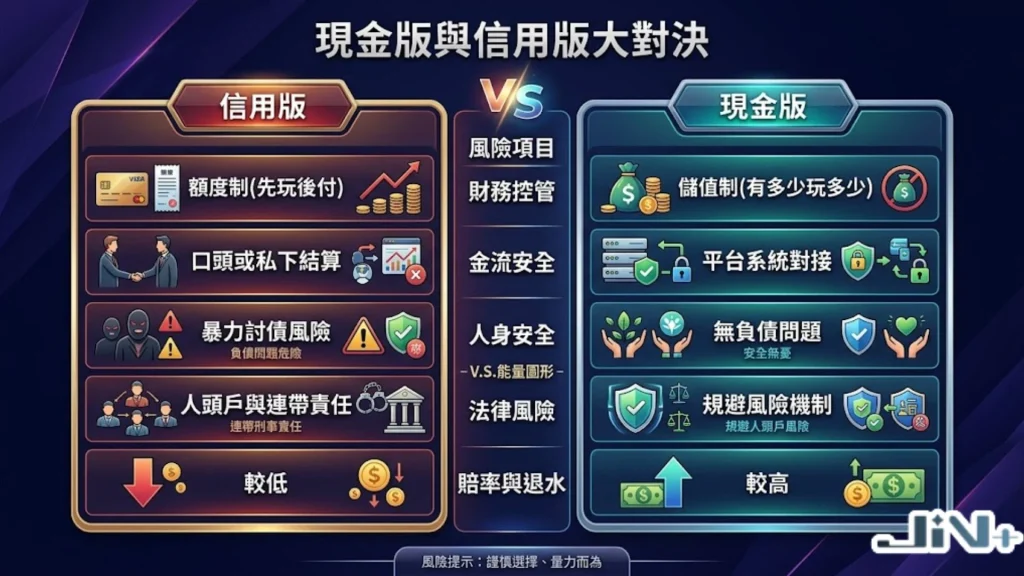 現金版信用版差別終極對照表,對比安全性、優惠活動、出金穩定度與幣商娛樂城之差異。