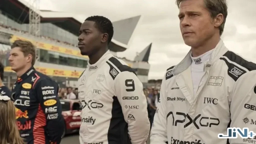 F1電影劇照展示，包含布萊德彼特與 Damson Idris 在賽場上的 F1 演員陣容實拍。