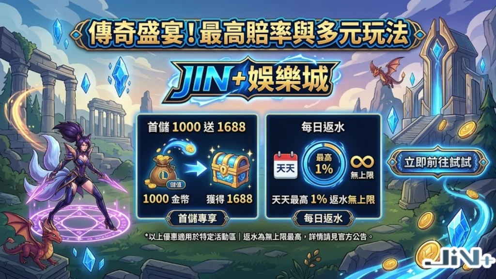 JIN+娛樂城電競運彩投注優惠指南,展示最高賠率、天天退水回饋與首儲豪禮福利。