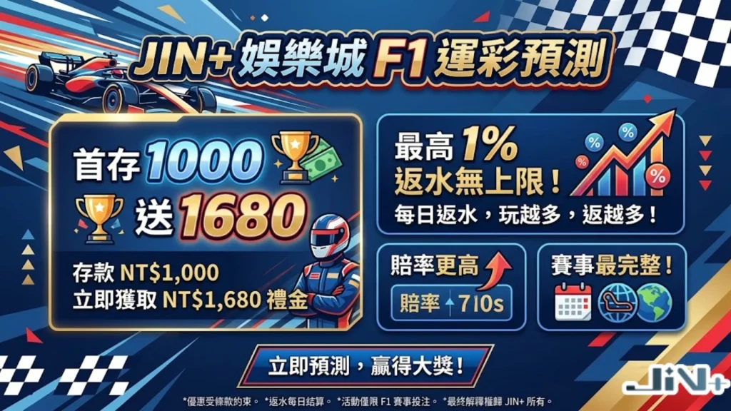 JIN娛樂城F1運彩預測與投注優惠，包含首存禮、最高1%退水與賽事分析。