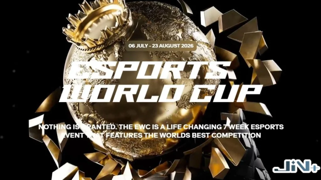 2026EWC電競世界盃官方英文視覺標識（Esports World Cup），展示金黑色炫酷冠軍獎盃與品牌概念設計。