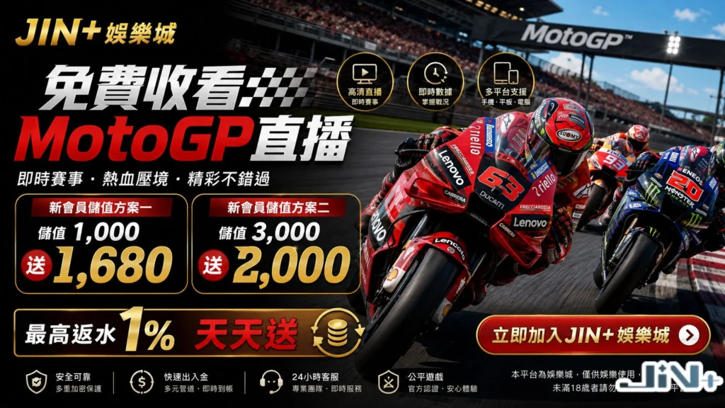 JIN+娛樂城免費收看MotoGP直播平台推廣頁面，展示儲1000送1680、儲3000送2000活動與天天1%高額退水折讓。
