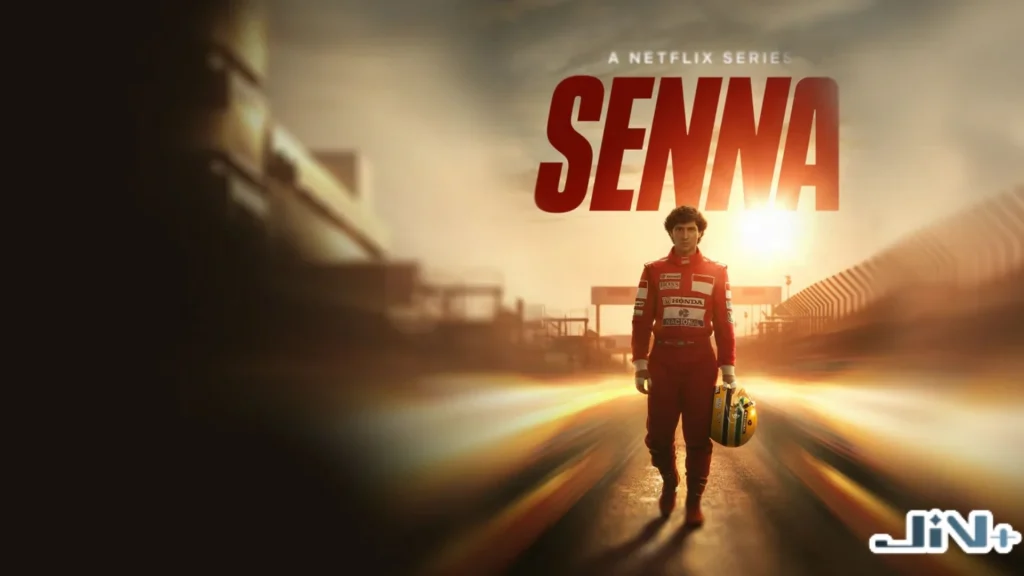 Netflix原創迷你劇集《SENNA》官方海報，展示艾爾頓洗拿手持頭盔、身穿紅色賽車服迎著逆光走向賽道的英雄背影。