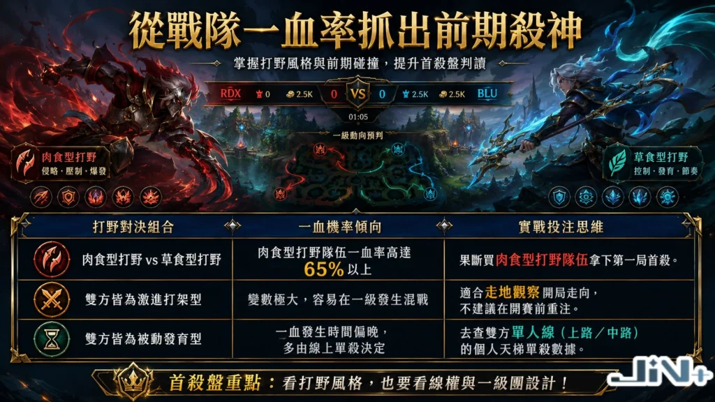 從戰隊一血率抓出前期殺神技術分析表格,量化評比一血率大於65%之強勢戰隊、以及前期打法激進或被動隊伍的實戰勝率風控指標。