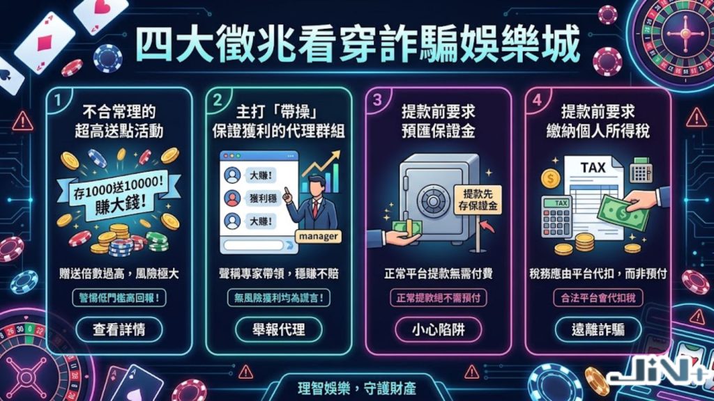 四大徵兆看穿詐騙娛樂城特徵對照表，解析惡意高息保本、代操帶牌、流水門檻過高與客服失聯之風控。