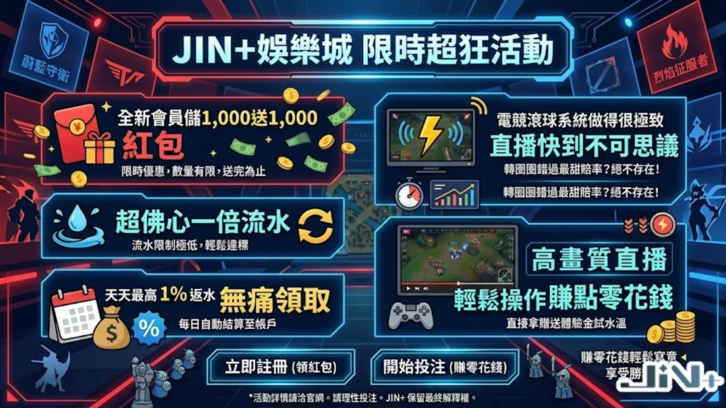 JIN+娛樂城英雄聯盟比賽直播限時超狂活動,展示免費高畫質直播、紅包無上限領取與超佛心流水退水福利。