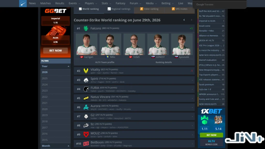 HLTV戰隊排名查詢與線上體育博弈平台CS2賽事下注串關操作介面。