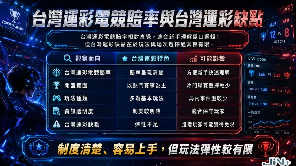 台灣運彩電競賠率與台灣運彩缺點分析圖表，條列制度僵硬、玩法彈性有限之關鍵缺點。