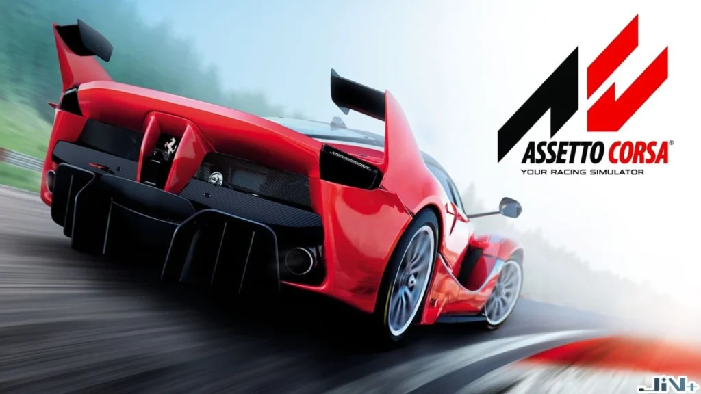 Assetto Corsa EVO神力科莎進化遊戲Logo與紅色超跑外觀，展現全新世代賽車模擬器遊戲畫面。