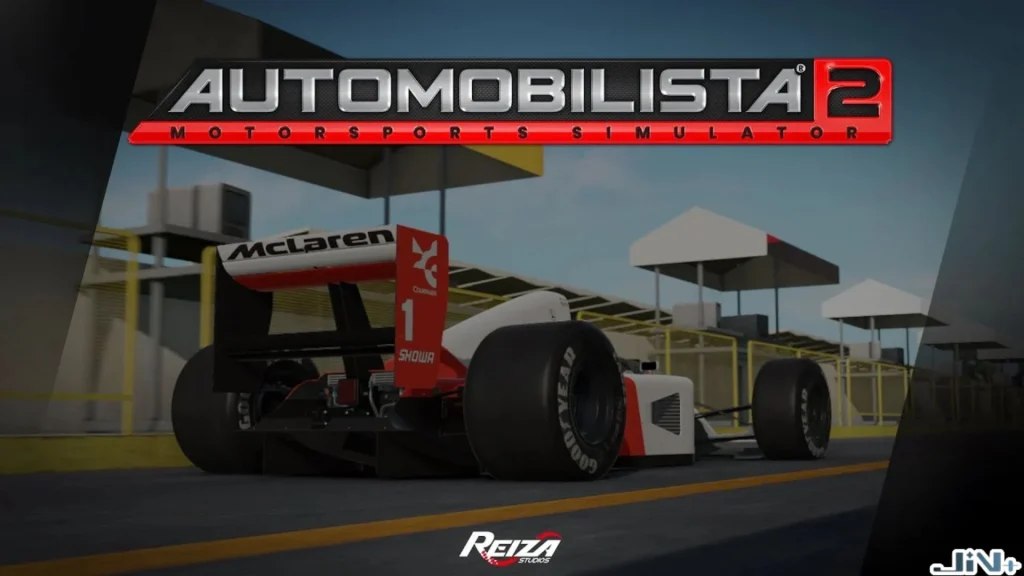 Automobilista 2 遊戲標誌與經典復古 F1賽車遊戲畫面，搭配圍場與賽道背景。