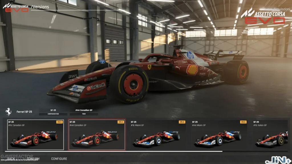 iRacing 賽車模擬器遊戲線上車庫介面，展示法拉利等頂級車隊 F1賽車 塗裝與外觀調整選單。