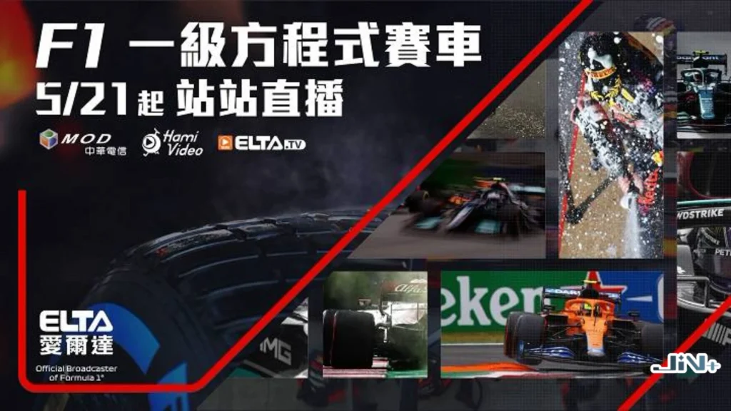 F1一級方程式賽車站站直播平台宣傳圖，展示賽車在賽道奔馳與輪胎特寫。