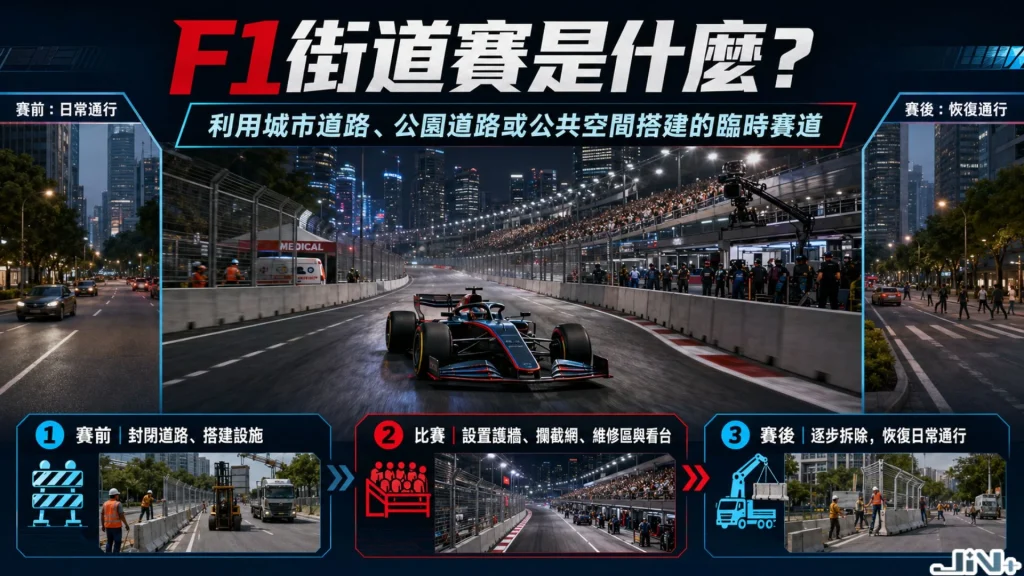 F1街道賽是什麼觀念解析圖,說明封閉城市道路、公眾道路組成的城市型賽道與極高護欄風險。