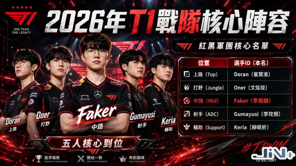 T1戰隊2026年五人核心陣容與T1成員名單對照表。
