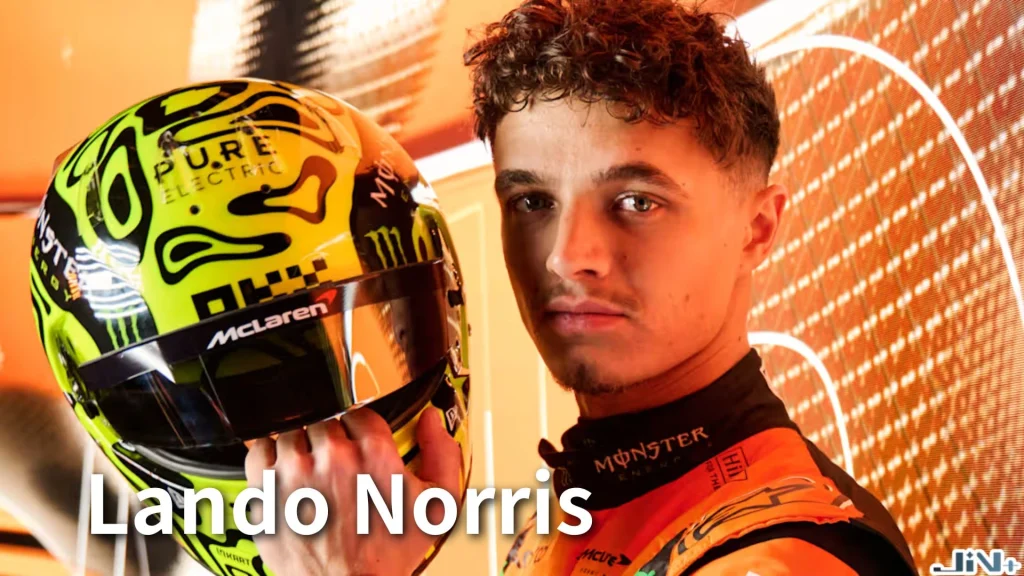 麥拉倫F1車手 Lando Norris(蘭多·諾里斯)手持螢光黃頭盔特寫,展示麥拉倫木瓜橘賽車服風采。