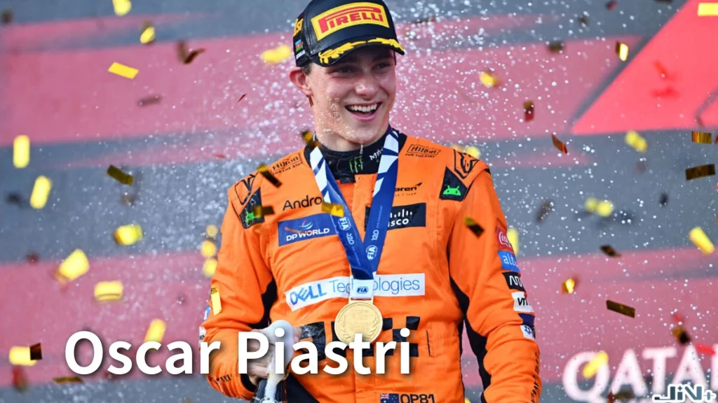 麥拉倫F1車手 Oscar Piastri(奧斯卡·皮亞斯特里)站在頒獎台接受金牌與彩帶慶祝特寫。